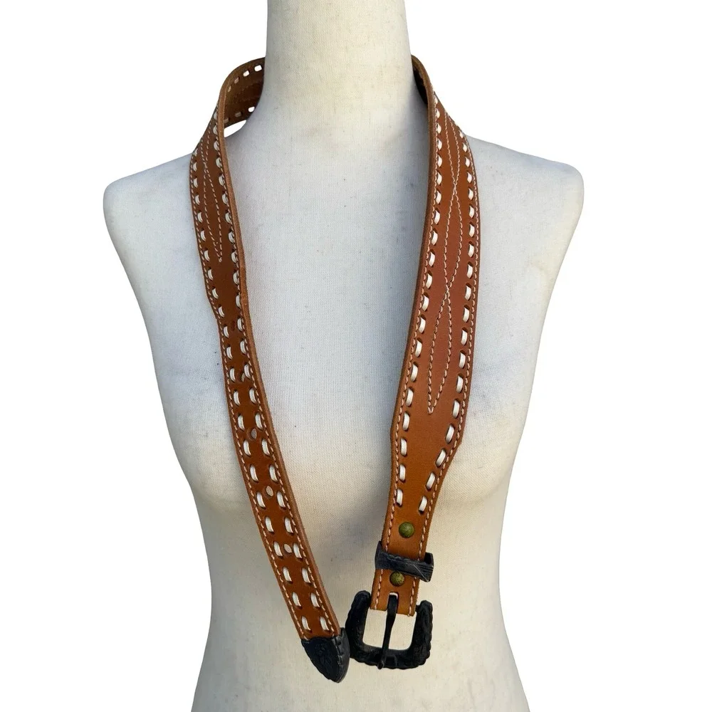 Gilles Herve Paris Tan Leather Whipstitch‎ Western Belt Made in France Size 80